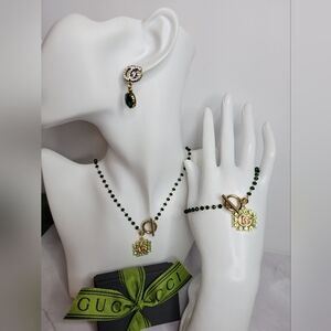 Faceted Bead Toggle Necklace, Bracelet, GG Crystal/Emerald Earings, Gucci Bow